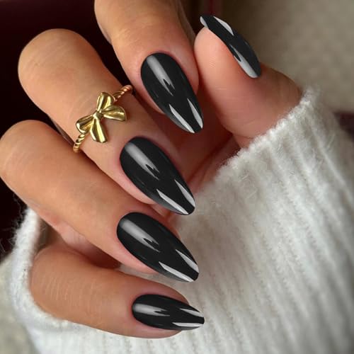 24 Stück Kurze Schwarze Kunstnägel Oval – Selbstklebende Fake Nägel mit Glanzeffekt, Wiederverwendbare Gel Nägel Kurz für Damen (Almond Design, Nagelset mit 12 Größen) von sundrerfect