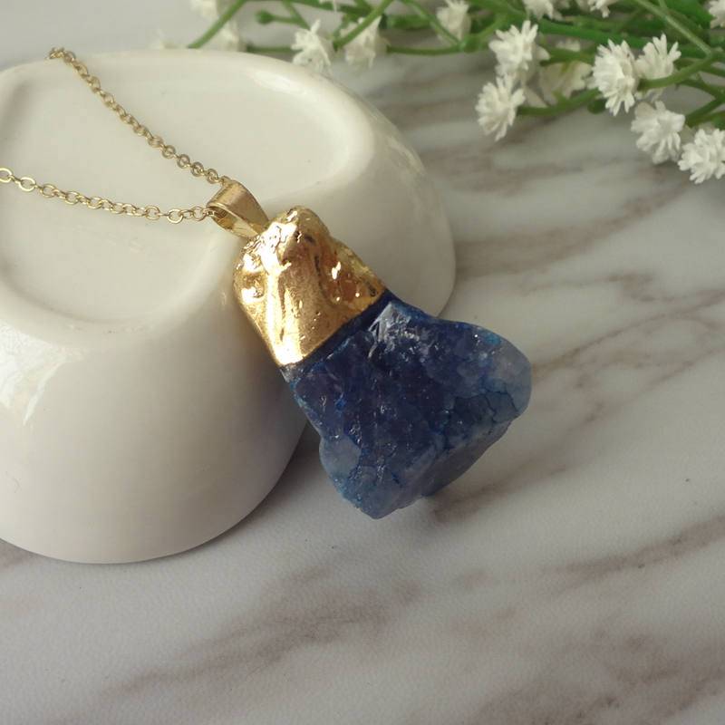 Drusy Druzy Blau Rohedelstein Vergoldete Anhänger Edelstein Kette Quarz Kristall Halskette 1286 von sunnylianghandmade
