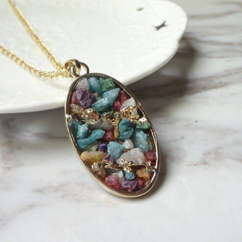Farbe Stein Natur Edelstein Statement Ellipse Anhänger Halskette 1118 von sunnylianghandmade