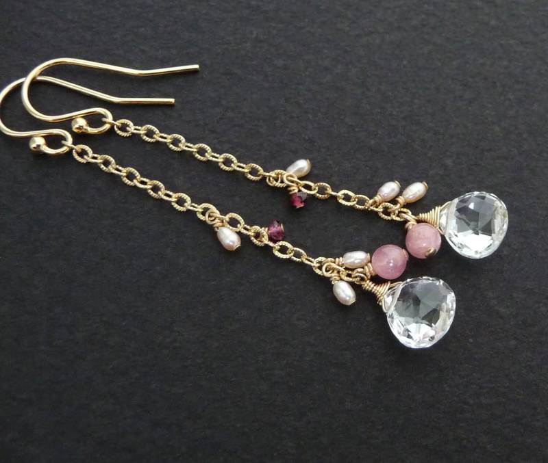 Weiße Topas Ohrringe, Lange Ohrhänger, Rosa Edelstein Geschenk Für Sie, Klare Ohrringe von sunnymarigold