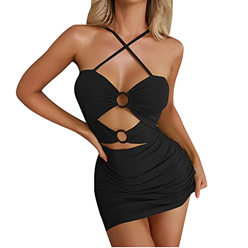 sunnymi Damen Schlankes Kleid Sexy Bodycon Kleid Einfarbig Minikleid Mode Party Kleid Cocktailkleider Kurz Damen Sexy Einfarbig Ärmellos Aushöhlen Enges Party Club Kleid von sunnymi