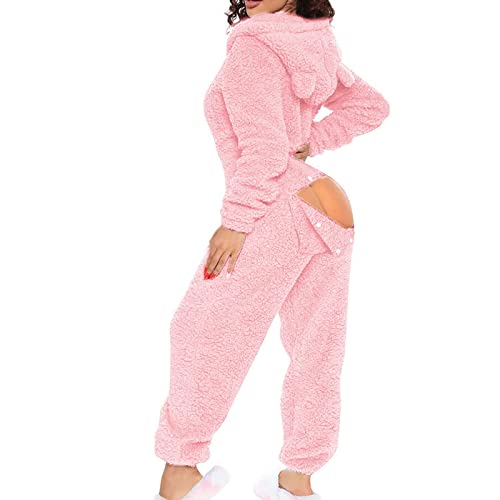 sunongvt Damen Sexy Onesie Pyjamas Butt Button Back Flap Jumpsuit Sherpa Strampler Nachtwäsche One Piece Zipper Bodycon Cute Ear Hood,Rosa,L von sunongvt