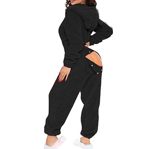 sunongvt Damen Sexy Onesie Pyjamas Butt Button Back Flap Jumpsuit Sherpa Strampler Nachtwäsche One Piece Zipper Bodycon Cute Ear Hood,Schwarz,M von sunongvt