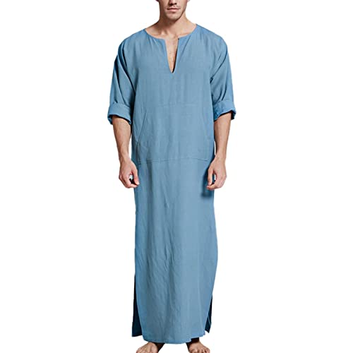 Herren V-Ausschnitt Baumwolle Leinen Gewand Lange Ärmel Kaftan Thobe Lange Kleid Lässig Shirt Nachthemden,Blau,XXL von sunongvt