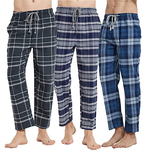 sunongvt 3er Pack Herren Pyjamahosen für Herbst und Winter Lockere Haushose Bequeme Kordelzug Karo Schlafhose in Übergröße,002,M von sunongvt