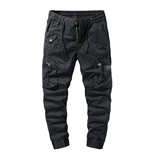 sunongvt Herren Cargohose Lässige Ourdoor Leichte Baumwollhose Kordelzug Taille Kampfarbeitskleidung 6 Taschen Jogger Jogginghose,Schwarz,5XL von sunongvt