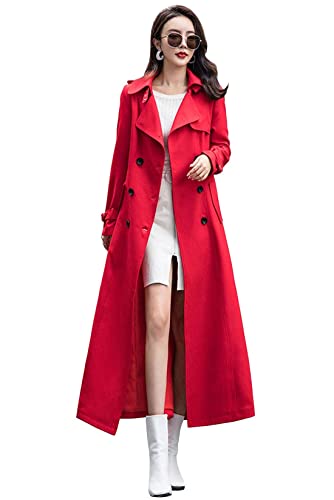 sunongvt Langer Trenchcoat Für Damen Zweireiher Duster Schlanke Passform Langer Maxi-Mantel,Rot,XXL von sunongvt