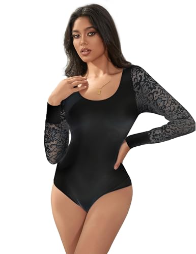 sunshinelady Damem Body Langarm mit Spitze Mesh Rundhals Unterzieh-Body Bodysuit Langarmbody Top Oberteil Damenbody Langarmshirt für Frau Spitzenbody Große Größen Long Sleeves Elegant Schwarz M von sunshinelady
