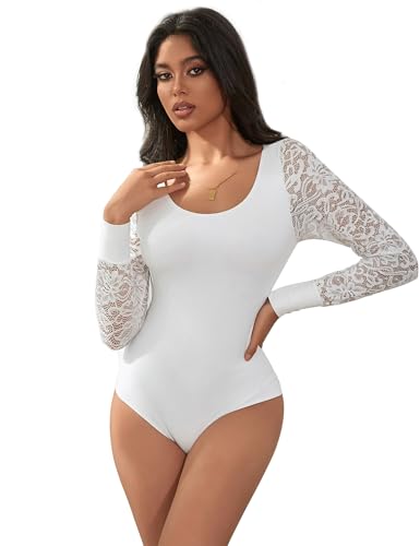 sunshinelady Damem Body Langarm mit Spitze Mesh Rundhals Unterzieh-Body Bodysuit Langarmbody Top Oberteil Damenbody Langarmshirt für Frau Spitzenbody Große Größen Long Sleeves Elegant Weiß L von sunshinelady