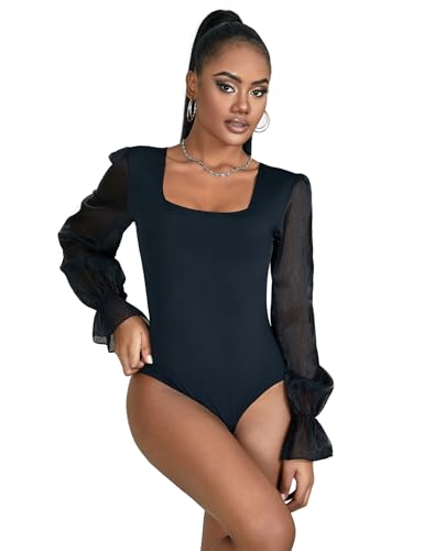 sunshinelady Damen Body Langarm Chiffon-Puffärmel Bodysuit Bodys Oberteil Long Sleeve Tops Damenbody Unterzieh-Body für Frauen mit Quadrat-Ausschnitt Clubwear Elegant Große Größen Schwarz S von sunshinelady