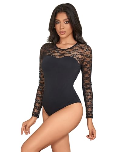sunshinelady Damen Body Langarm mit Spitze Mesh Rundhals Unterzieh-Body Bodysuit Langarmbody Top Oberteil Damenbody Dessous Spitzenbody Jumpsuit Sommer Große Größen Elegant Schwarz M von sunshinelady