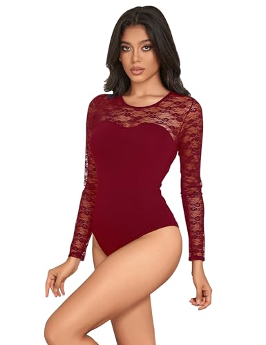 sunshinelady Damen Body Langarm mit Spitze Mesh Rundhals Unterzieh-Body Bodysuit Langarmbody Top Oberteil Damenbody Dessous Spitzenbody Jumpsuit Sommer Große Größen Elegant Weinrot XL von sunshinelady