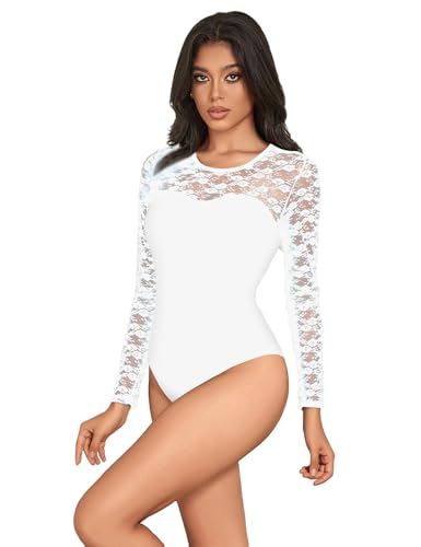 sunshinelady Damen Body Langarm mit Spitze Mesh Rundhals Unterzieh-Body Bodysuit Langarmbody Top Oberteil Damenbody Dessous Spitzenbody Jumpsuit Sommer Große Größen Elegant Weiß 2XL von sunshinelady