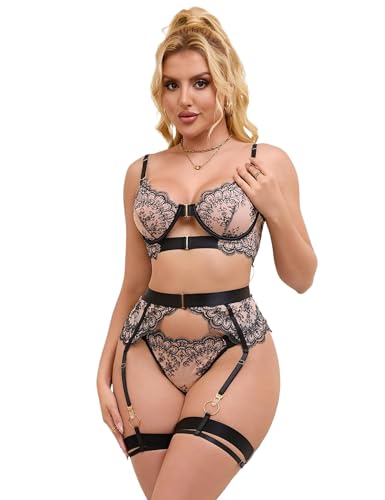 sunshinelady Damen Dessous Set Mesh Spitzenstickerei Sexy Unterwäsche für Frau Hohe Taille Reizwäsche Set Bügel-BH + Slip + Beinringe + Strumpfhalter 4-TLG. Floral Elegant Große Größen M von sunshinelady