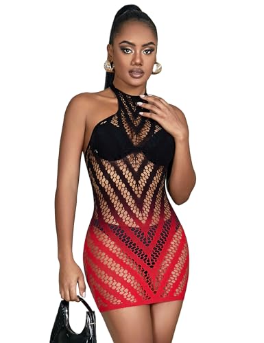 sunshinelady Damen Fischnetz Bodystocking Schwarz-Rot Verlauf Dehnbar Netzbody Bodysuit Damen Mesh Dessous Catsuit Neckholder Rückenfrei Frauen Jumpsuit Valentinstag XS-M von sunshinelady