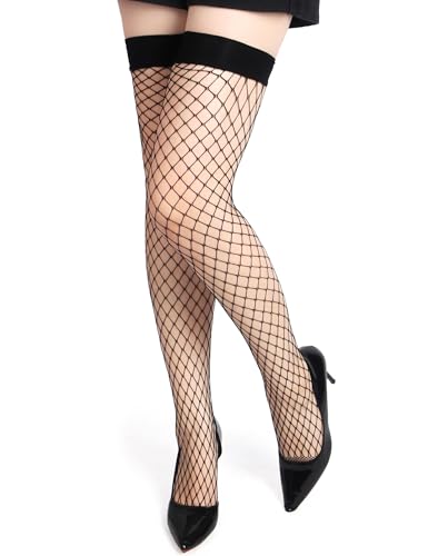 sunshinelady Halterlose Netzstrümpfe Oberschenkel Damen Fischnetz Strümpfe Rutschfeste Strümpfe Fishnet Stockings Netzstrumpfhose Netz-Stockings Mittelmaschig Schwarz XS-M von sunshinelady