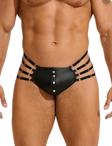sunshinelady Herren String Tanga PU-Leder mit Verstellbaren Elastikbändern Nieten Männer Unterwäsche Unterhose Thong G-String Herren Sexy Slips Reizwäsche Sissy Dessous Gay T-Back Punk Schwarz M von sunshinelady