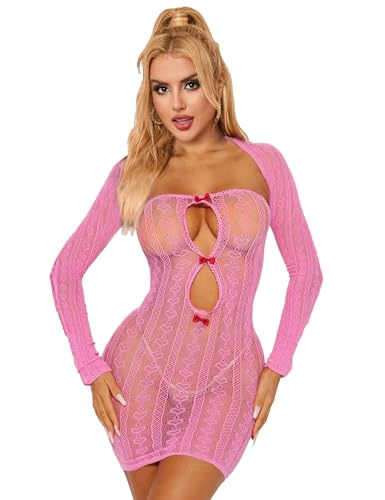 sunshinelady Netzkleider Damen Fishnet Bodystocking Große Größen Minikleid Zweiteiler Bodycon Mesh Elastische Dessous Unterwäsche Curvy Babydoll Lingerie Set Partykleid Clubwear Rosa,XS-M von sunshinelady