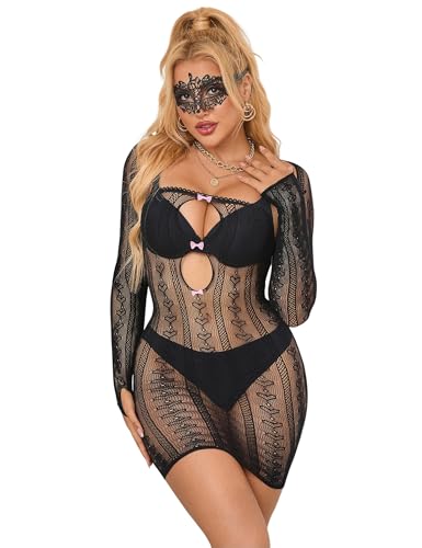 sunshinelady Netzkleider Damen Fishnet Bodystocking Große Größen Minikleid Zweiteiler Bodycon Mesh Elastische Dessous Unterwäsche Curvy Babydoll Lingerie Set Partykleid Clubwear Schwarz,L-XXL von sunshinelady