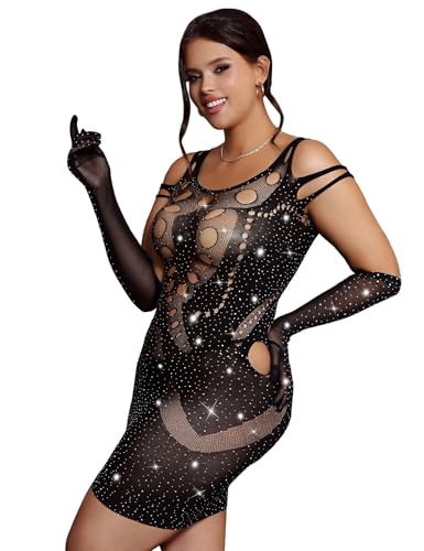 sunshinelady Netzkleider Damen Sexy Bodystocking Fishnet Bodycon Große Größen Minikleid mit Strasssteinen Netz Negligee Dessous Lingerie Partykleid Erotische Unterwäsche Curvy Clubwear Schwarz,XS-M von sunshinelady