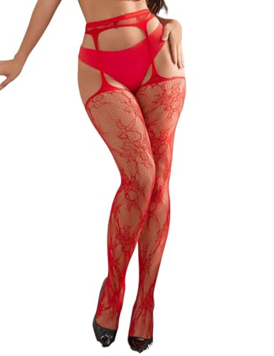 sunshinelady Strapsstrumpfhose für Damen Sexy Fishnet Strumpfhose Ouvert Frau Große Größen Strapsstrümpfe Hohe Netzstrümpfe Strapse mit Strümpfe Halter Dessous Unterwäsche Curvy Reizwäsche Rot,L-XXL von sunshinelady