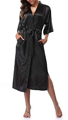 Damen-Bademantel, lang, Satin, Kimono-Nachthemd, langes Kleid, Schwarz, Small von sunshinemall