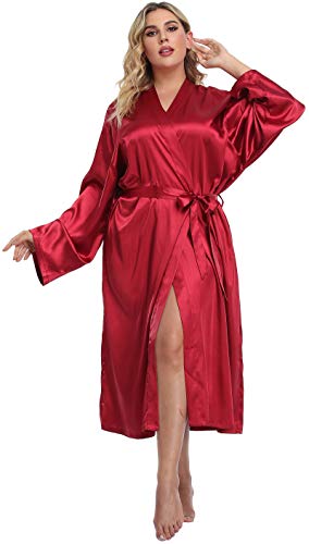 Damen Plus Size Satin Kimono Bademantel Lang Seidig Bademantel Leichte Nachtwäsche Hochzeit Morgenmantel, Weinrot, 3X von sunshinemall