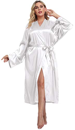 Damen Plus Size Satin Kimono Bademantel Lang Seidig Bademantel Leichte Nachtwäsche Hochzeit Morgenmantel, Weiss/opulenter Garten, 3X von sunshinemall