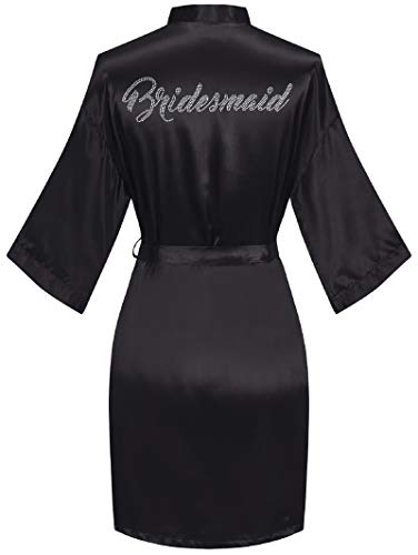 Satin Braut Brautjungfer Bademantel mit Strass kurz seidig Hochzeit Bademantel Morgenmantel - Schwarz - X-Small-X-Large von sunshinemall
