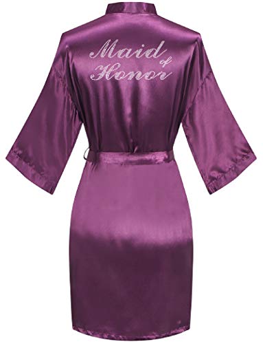 sunshinemall Damen Satin Kimono Roben mit Strass Braut Brautjungfer Kurz Getting Ready Hochzeit Morgenmantel, Violett, Large-X-Large von sunshinemall
