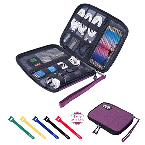 Reise-Kabel-Organizer-Tasche, wasserdicht, tragbar, elektronisches Zubehör, Organizer für USB-Kabel, Kabel, Handy-Ladegerät, Headset, SD-Karte mit 5 Kabelbindern (lila) von sunsir