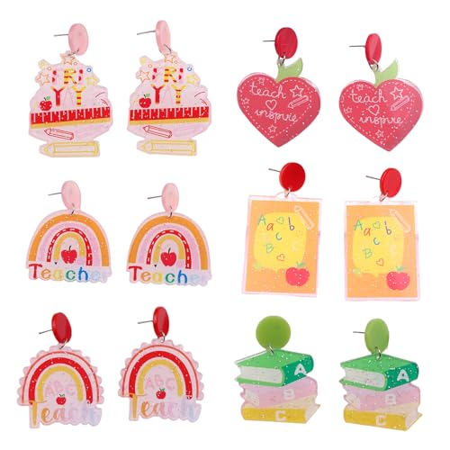Paar 6 Paar 2024 Graduierung Lehrer Ohrringe für Frauen Bulk Acryl Apfel Herz Regenbogen Bleistift Spaß Zurück zur Schule Lehrer Wertschätzung Ohrringe Set, Acryl, Kein Edelstein von suofrun