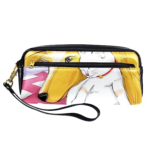 Kleine Make-up-Tasche für Frauen,Leder-Make-up-Tasche,Reise-Kosmetiktasche,Cartoon-Katze und Hund Drucken von suojapuku