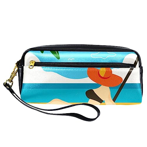 Kleine Make-up-Tasche für Frauen,Leder-Make-up-Tasche,Reise-Kosmetiktasche,Cartoon-Mädchen-Strand-Meer Drucken von suojapuku