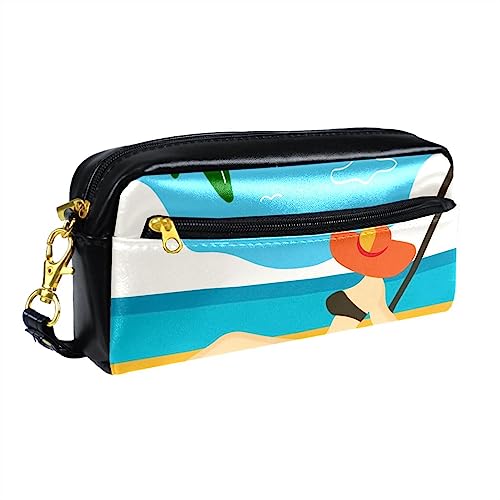 Kleine Make-up-Tasche für Frauen,Leder-Make-up-Tasche,Reise-Kosmetiktasche,Cartoon-Mädchen-Strand-Meer Drucken von suojapuku