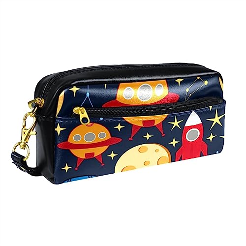 Kleine Make-up-Tasche für Frauen,Leder-Make-up-Tasche,Reise-Kosmetiktasche,Cartoon-Weltraumplanetenrakete Drucken von suojapuku