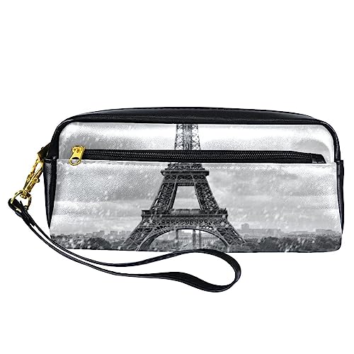 Kleine Make-up-Tasche für Frauen,Leder-Make-up-Tasche,Reise-Kosmetiktasche,Eiffelturm Regen roten Regenschirm Drucken von suojapuku