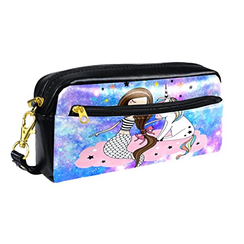 Kleine Make-up-Tasche für Frauen,Leder-Make-up-Tasche,Reise-Kosmetiktasche,Galaxie-Einhorn und Mädchen Drucken von suojapuku