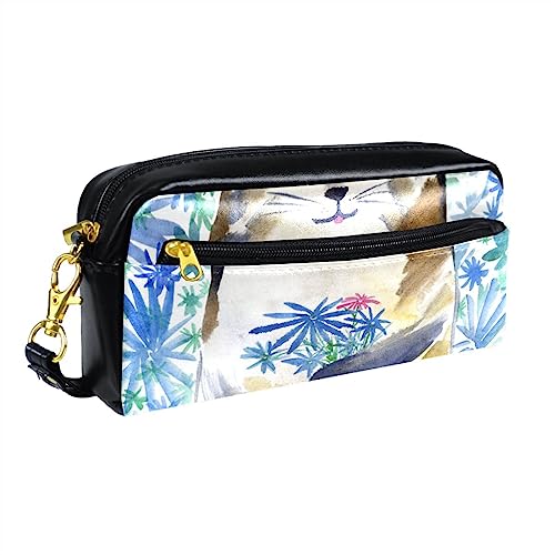 Kleine Make-up-Tasche für Frauen,Leder-Make-up-Tasche,Reise-Kosmetiktasche,Katze und Blaue Blumen Drucken von suojapuku