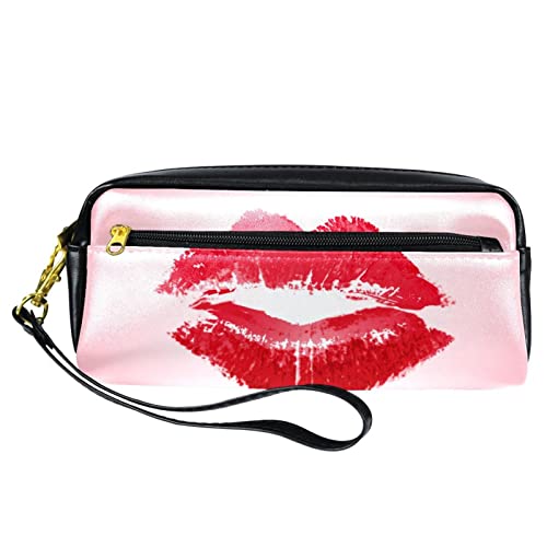 Kleine Make-up-Tasche für Frauen,Leder-Make-up-Tasche,Reise-Kosmetiktasche,Kuss mit rotem Lippenstift Drucken von suojapuku