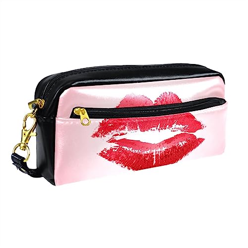 Kleine Make-up-Tasche für Frauen,Leder-Make-up-Tasche,Reise-Kosmetiktasche,Kuss mit rotem Lippenstift Drucken von suojapuku