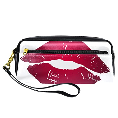 Kleine Make-up-Tasche für Frauen,Leder-Make-up-Tasche,Reise-Kosmetiktasche,Kuss roten Lippenstift Drucken von suojapuku