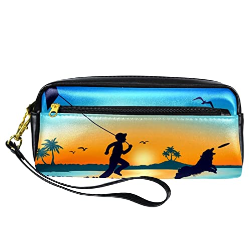 Kleine Make-up-Tasche für Frauen,Leder-Make-up-Tasche,Reise-Kosmetiktasche,Mann und Hund Strand Sonnenuntergang Drucken von suojapuku