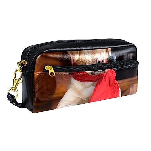 Kleine Make-up-Tasche für Frauen,Leder-Make-up-Tasche,Reise-Kosmetiktasche,Roter Labrador-Hund-Schal Drucken von suojapuku