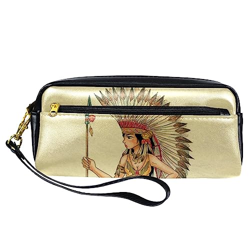 Kleine Make-up-Tasche für Frauen,Leder-Make-up-Tasche,Reise-Kosmetiktasche,Vintage indisches Mädchen Drucken von suojapuku