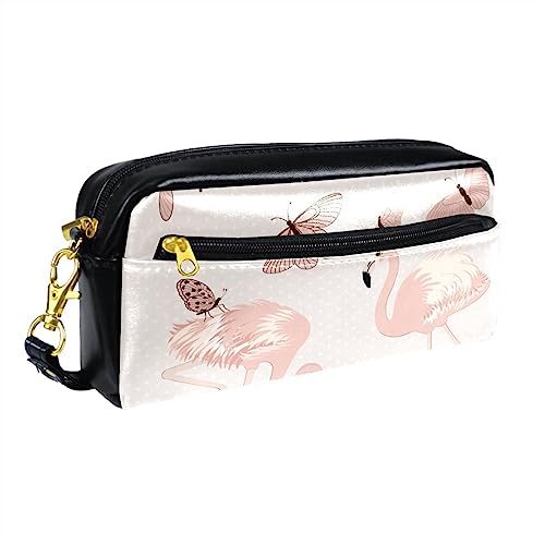 Kleine Make-up-Tasche für Frauen,Leder-Make-up-Tasche,Reise-Kosmetiktasche,rosa Schmetterlinge und Flamingos Drucken von suojapuku