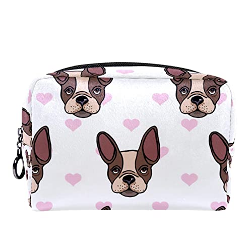 Kleine Make-up-Tasche für Frauen,Reise-Kosmetiktasche,Cartoon-Bulldogge und Liebesherz,Kosmetik-Make-up-Organizer zum Mitnehmen von suojapuku