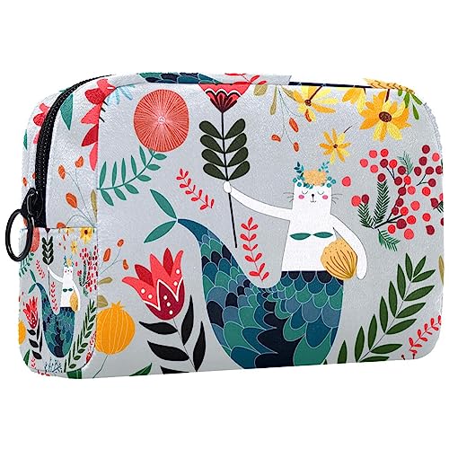 Kleine Schminktasche für Damen,Schminktasche, Reisekosmetiktasche,Bunte Blumenkatzenmeerjungfrau Drucken von suojapuku