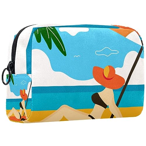 Kleine Schminktasche für Damen,Schminktasche, Reisekosmetiktasche,Cartoon-Mädchen-Strand-Meer Drucken von suojapuku