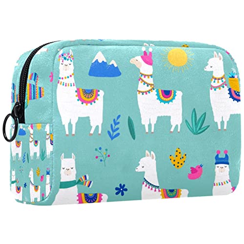 Kleine Schminktasche für Damen,Schminktasche, Reisekosmetiktasche,Cartoon buntes Blumenlama Drucken von suojapuku